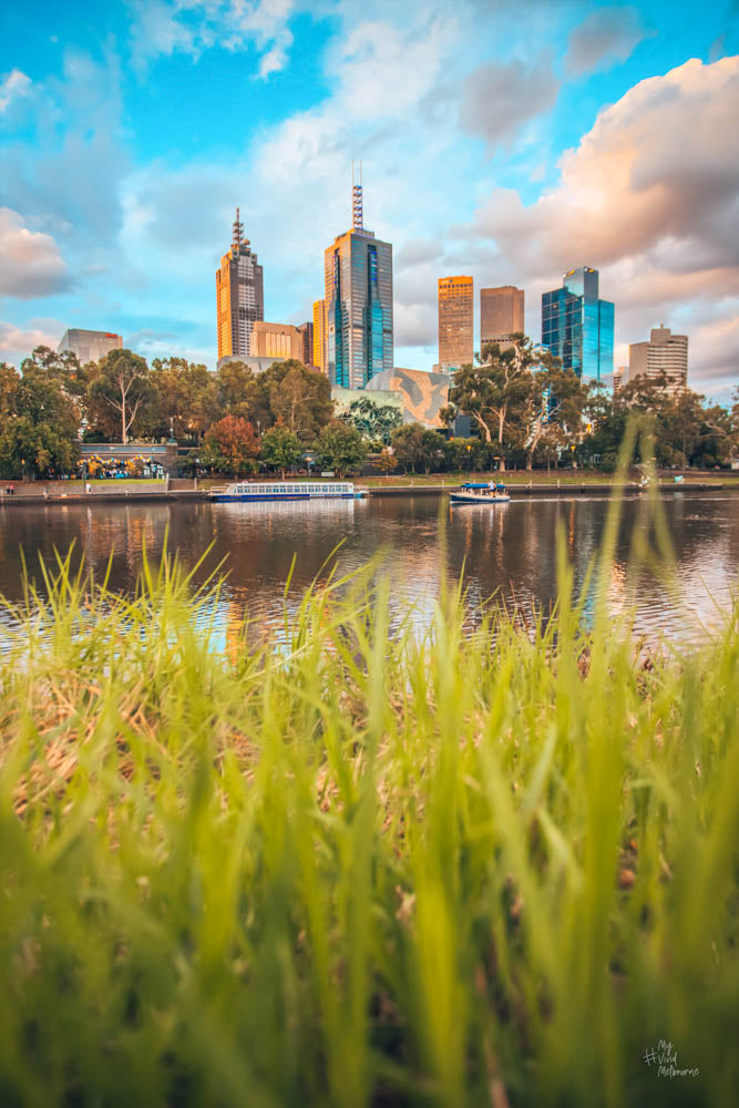 Greens, lake and buildings